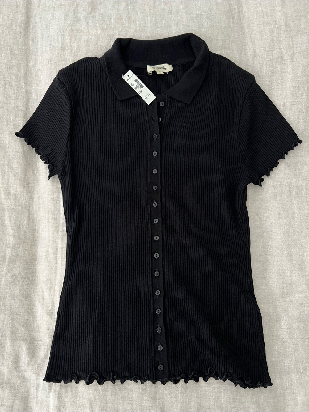 NWT Madewell Black Ribbed Button-Front Polo Top